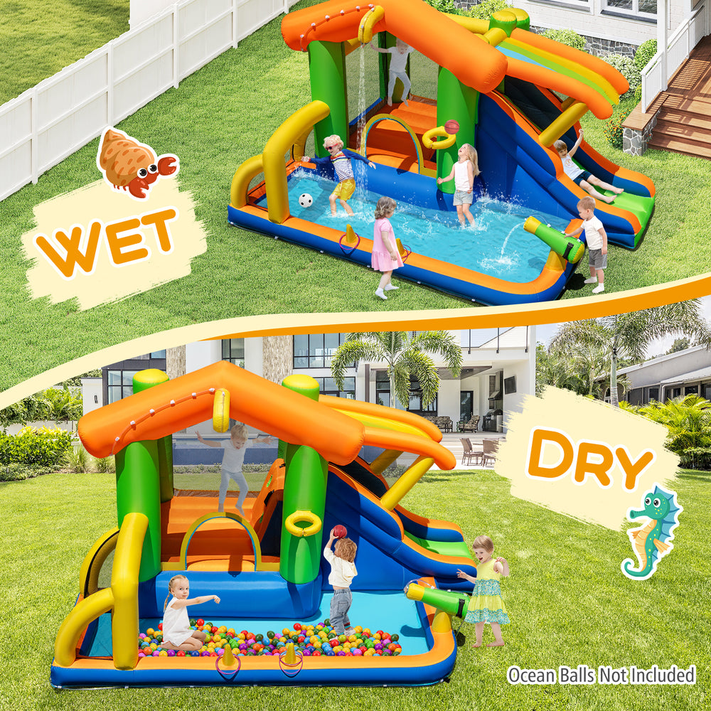 Colorful 8-in-1 jumping castle with slide, featuring wet and dry play areas for kids, made from durable Oxford cloth.