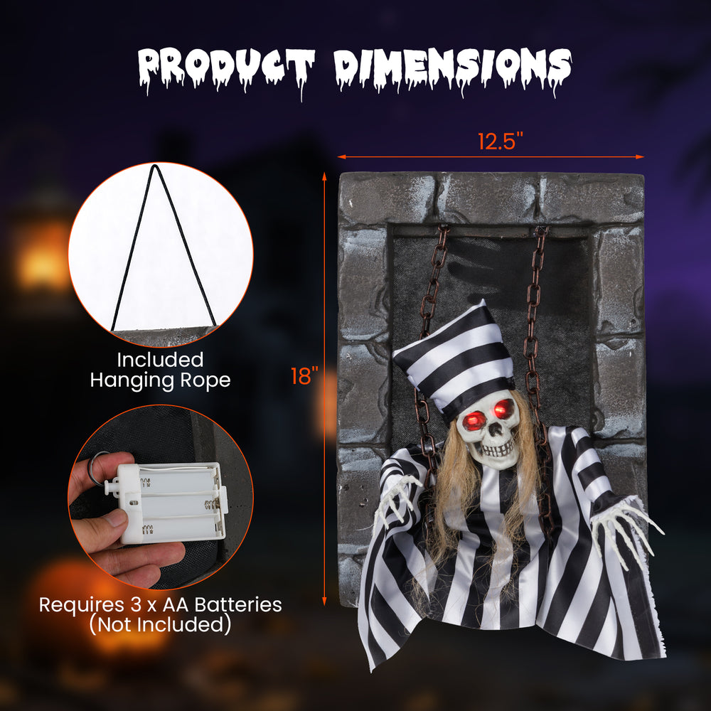 Hanging 18-inch animated skull prisoner decoration with LED eyes and sound effects, perfect for Halloween displays.