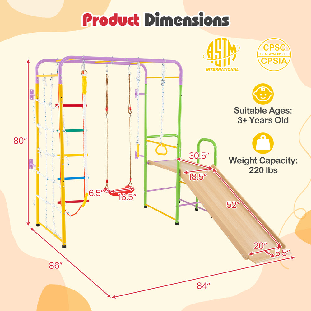 Metal indoor jungle gym 8-in-1 playset with monkey bars, slide, and adjustable swings for kids over 3 years old.
