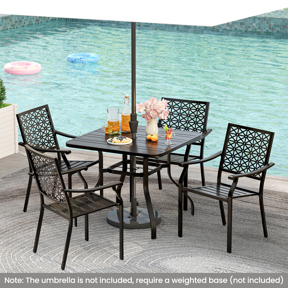 37-inch square patio dining table with slatted design, umbrella hole, and sturdy metal frame, perfect for outdoor.