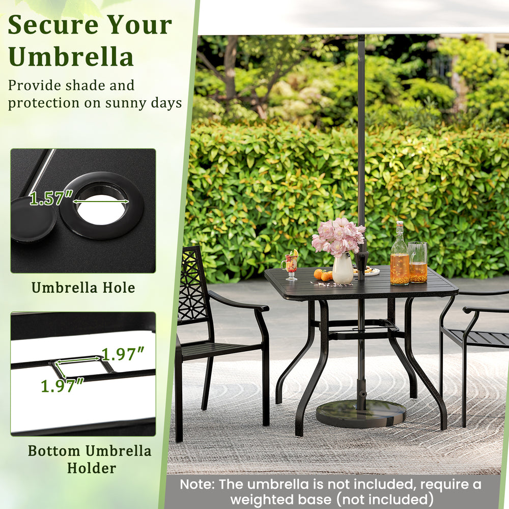37-inch square patio dining table with 1.57" umbrella hole, sturdy metal frame, perfect for outdoor gatherings.