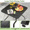 37-inch square patio dining table with slatted metal tabletop, umbrella hole, and curved legs for outdoor gatherings.