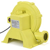 Yellow 735 W air blower pump fan with handle, designed for inflatable bounce houses, featuring a protective wire mesh.