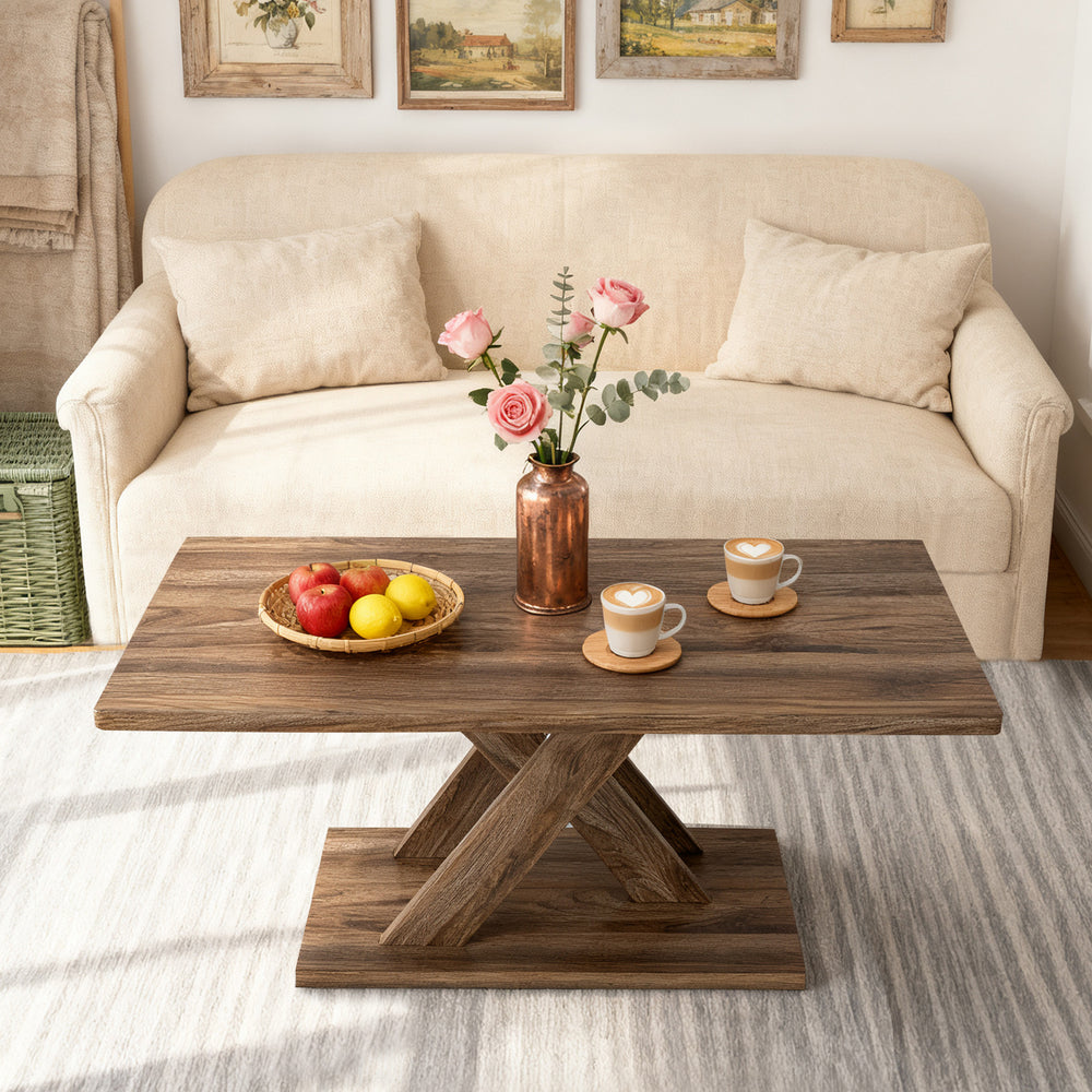 Rectangular 37.5-inch coffee table with rubber wood connection, featuring a rustic brown finish, ideal for living room.
