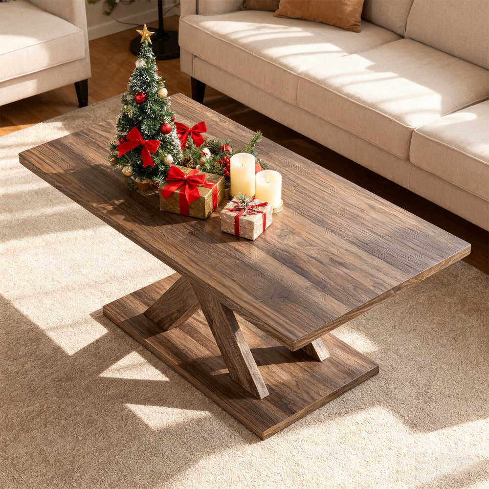Rectangular coffee table with rustic wood texture, sturdy rubber wood base, perfect for living room decor.