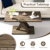 Rectangular coffee table with rubber wood base, spacious brown tabletop, and geometric design for modern living room.