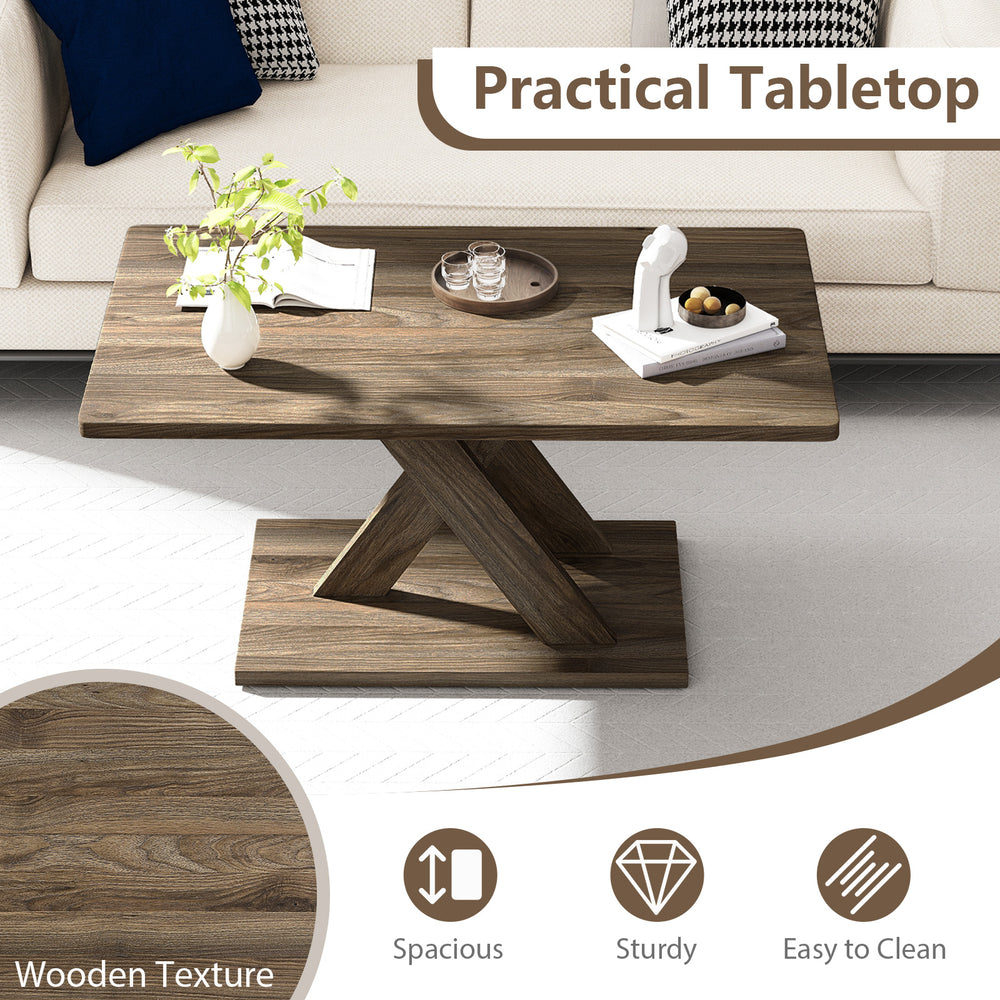 Rectangular coffee table with rubber wood base, spacious brown tabletop, and geometric design for modern living room.
