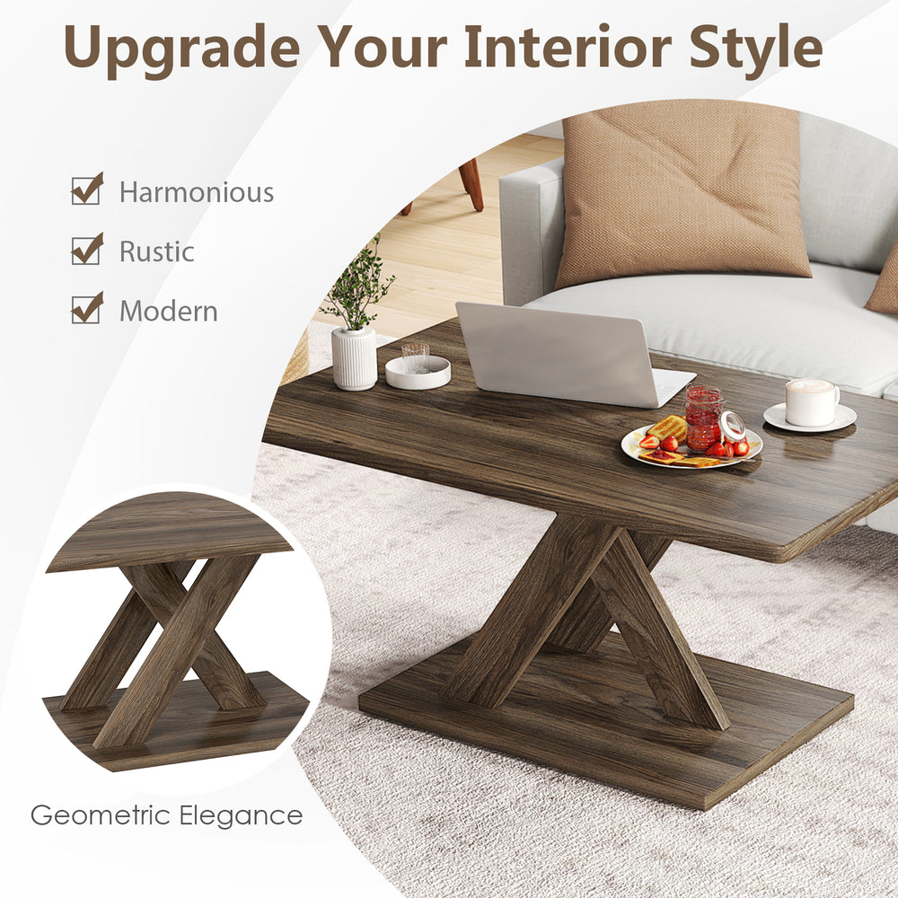 Rectangular coffee table with rubber wood base, featuring a geometric design and rustic brown finish for living room.