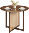 Round 37.5-inch walnut dining table with cross pedestal base and PE rattan design, perfect for kitchens or dining rooms.