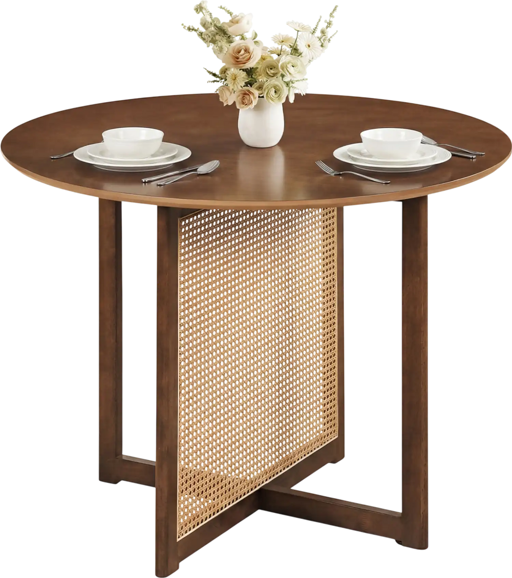 Round 37.5-inch walnut dining table with cross pedestal base and PE rattan design, perfect for kitchens or dining rooms.