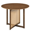 Round 37.5-inch dining table with walnut finish, PE rattan design, and cross pedestal base for kitchens and dining.
