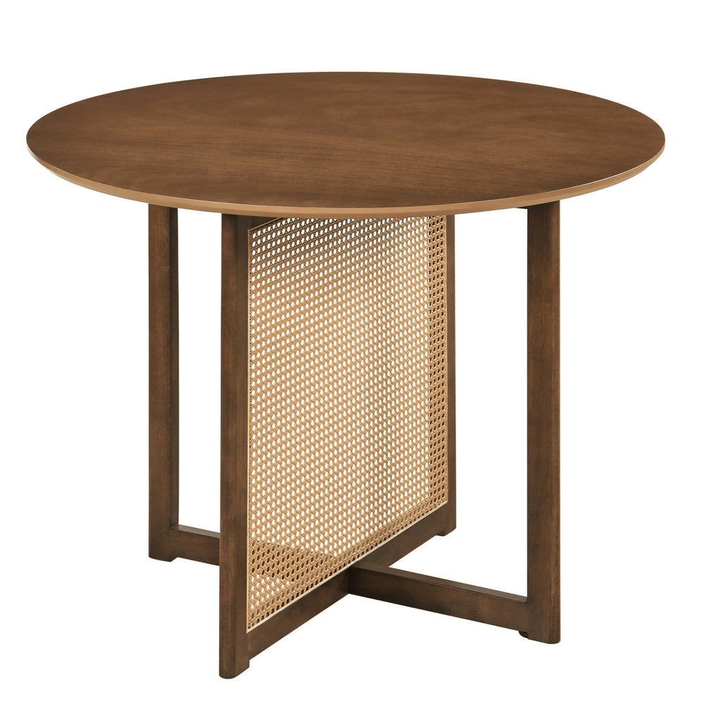 Round 37.5-inch dining table with walnut finish, PE rattan design, and cross pedestal base for kitchens and dining.