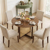 Round dining table with walnut finish and cross pedestal base, comfortably seating 2-4 people, ideal for dining rooms.
