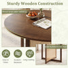 Round dining table with walnut wood grain MDF top and solid rubberwood legs, perfect for kitchens and dining rooms.