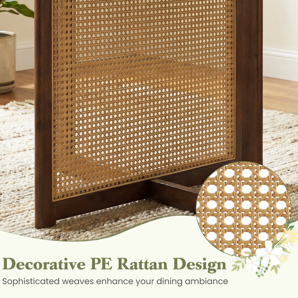 Decorative PE rattan design detail of the 37.5-inch round dining table with walnut cross pedestal base for stylish.