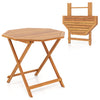 Octagonal acacia wood outdoor folding dining table for 4 with slatted tabletop, ideal for patios and gardens.