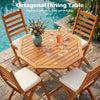 Octagonal acacia wood outdoor dining table for 4, featuring a slatted tabletop and folding design, ideal for patios.