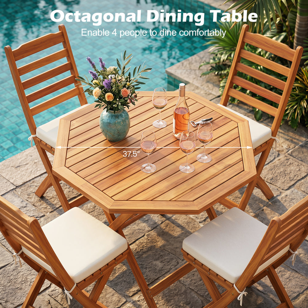 Octagonal acacia wood outdoor dining table for 4, featuring a slatted tabletop and folding design, ideal for patios.