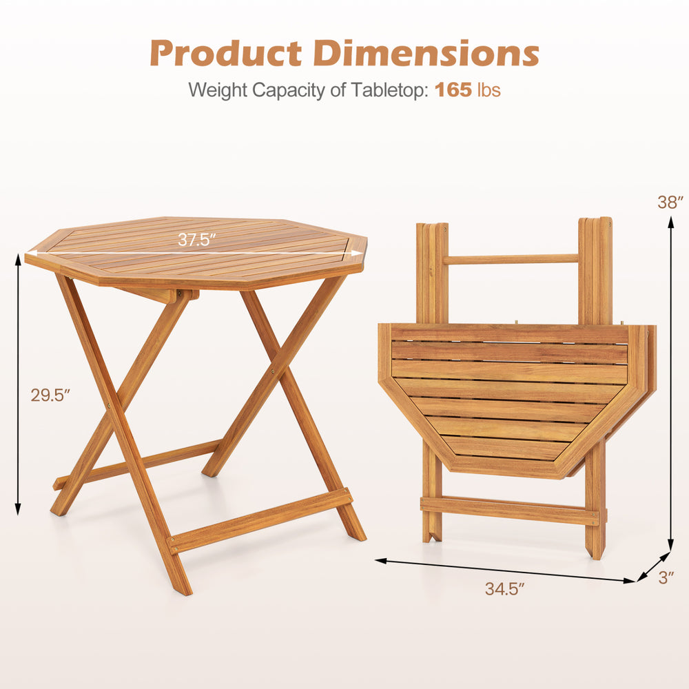 Octagonal acacia wood outdoor folding dining table, 37.5" wide, with slatted tabletop for easy drainage and stability.