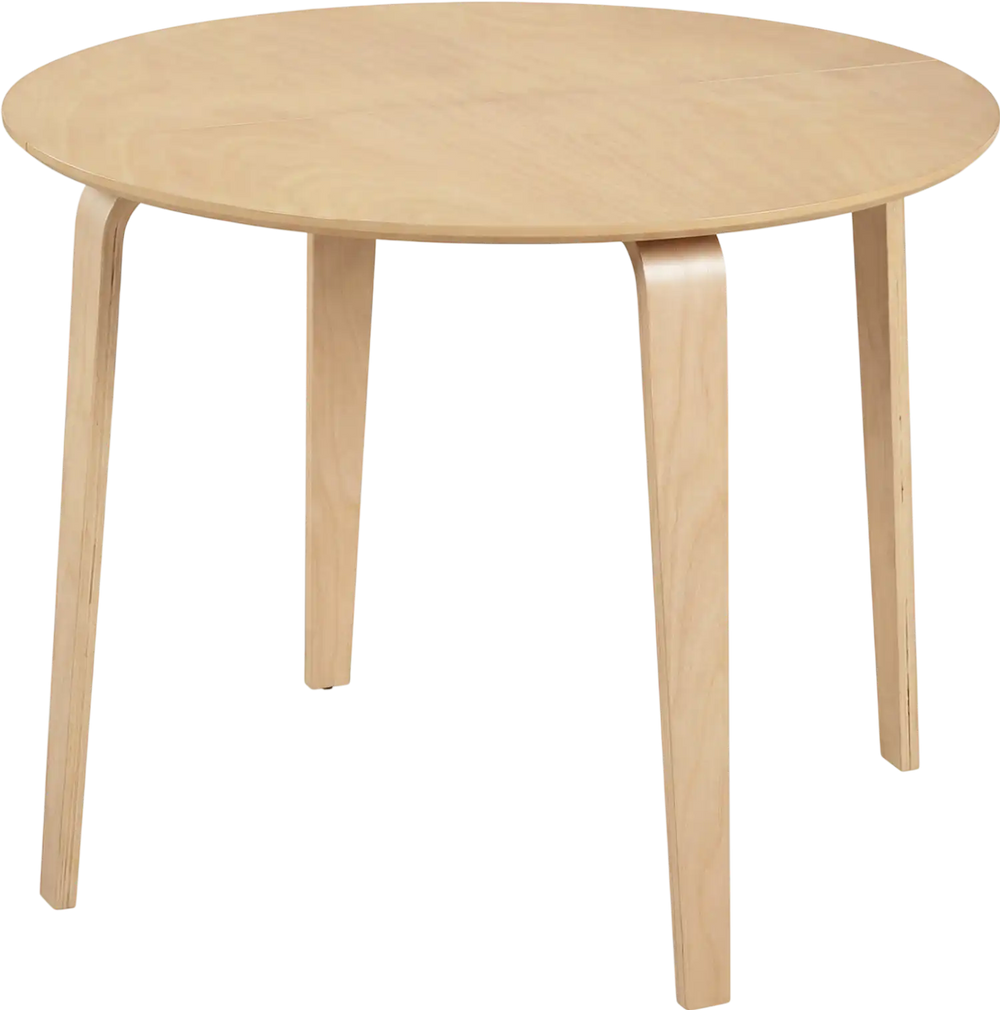 Round dining table with rubber wood legs, natural finish, perfect for small spaces, accommodates up to 4 people.