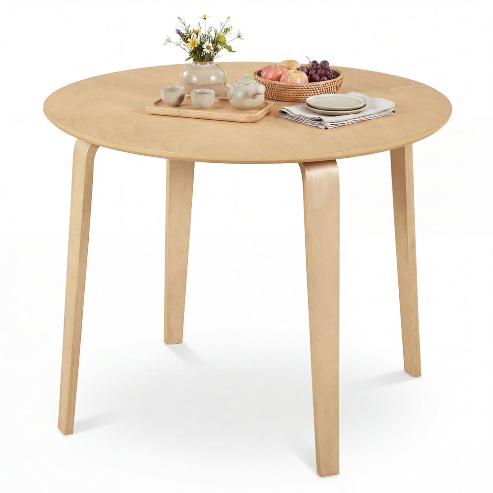 Round dining table with rubber wood legs, spacious for 4, designed for small spaces, perfect for kitchens and dining.