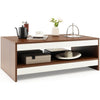 Wooden coffee table with a spacious top and open shelf, featuring a modern design for living room or office use.