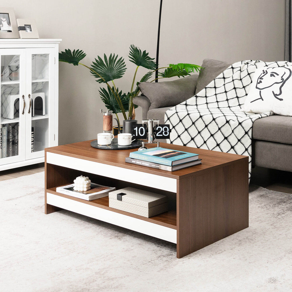 Rectangle wooden coffee table with storage shelf, modern design, spacious tabletop, suitable for living room use.