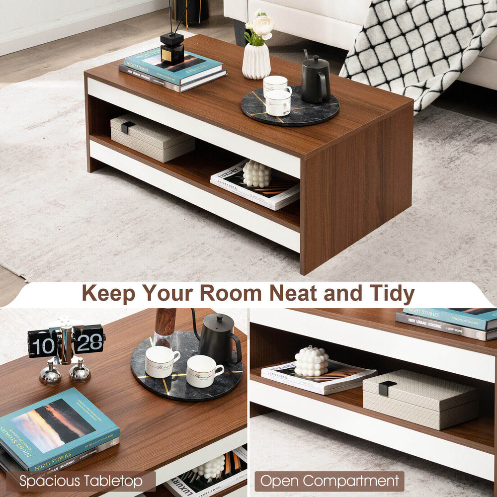 37-inch wooden coffee table with spacious tabletop and open shelf, perfect for living room organization and display.
