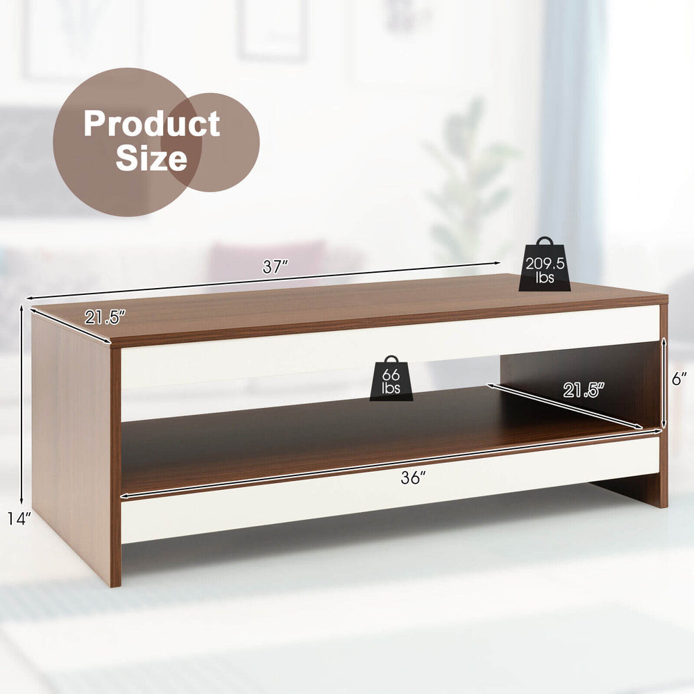 37-inch wooden coffee table with storage shelf, featuring a modern design and sturdy structure, ideal for living room.