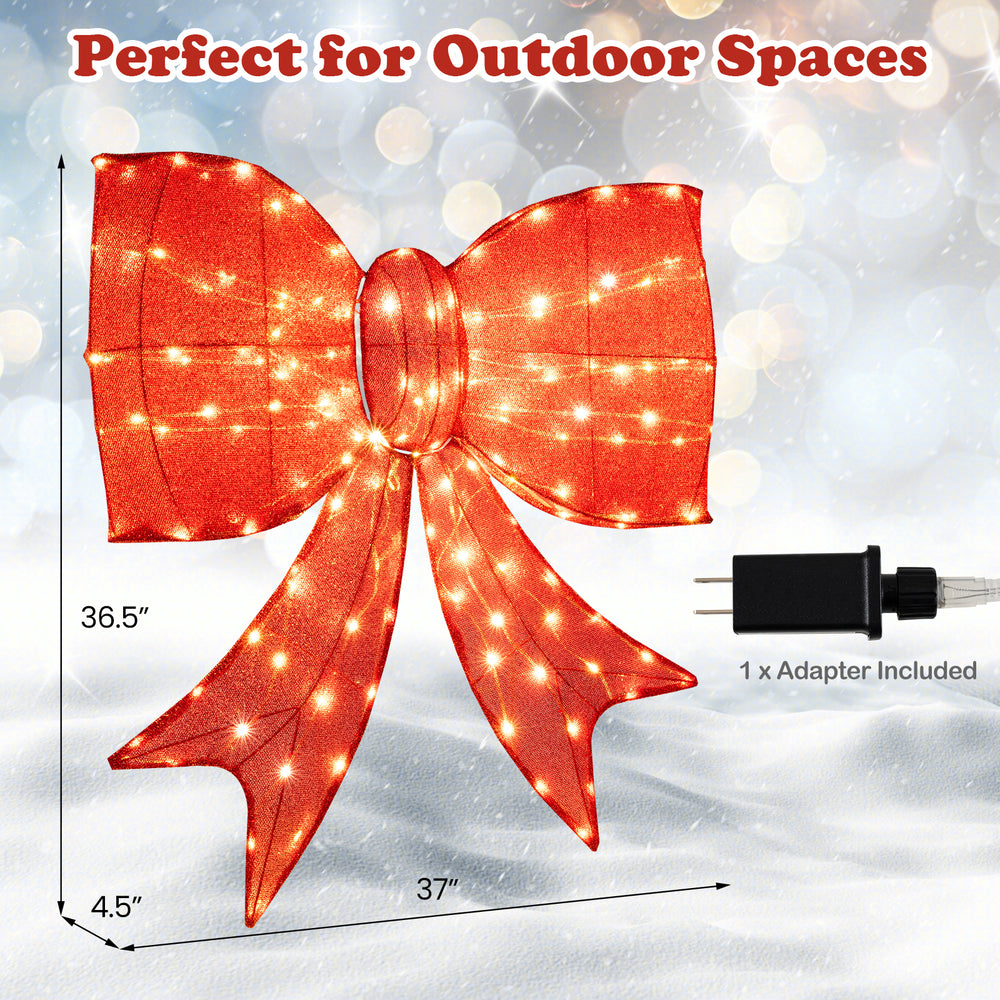 Extra-large 37" lighted Christmas bow decoration with 150 warm white LED lights, perfect for outdoor holiday spaces.