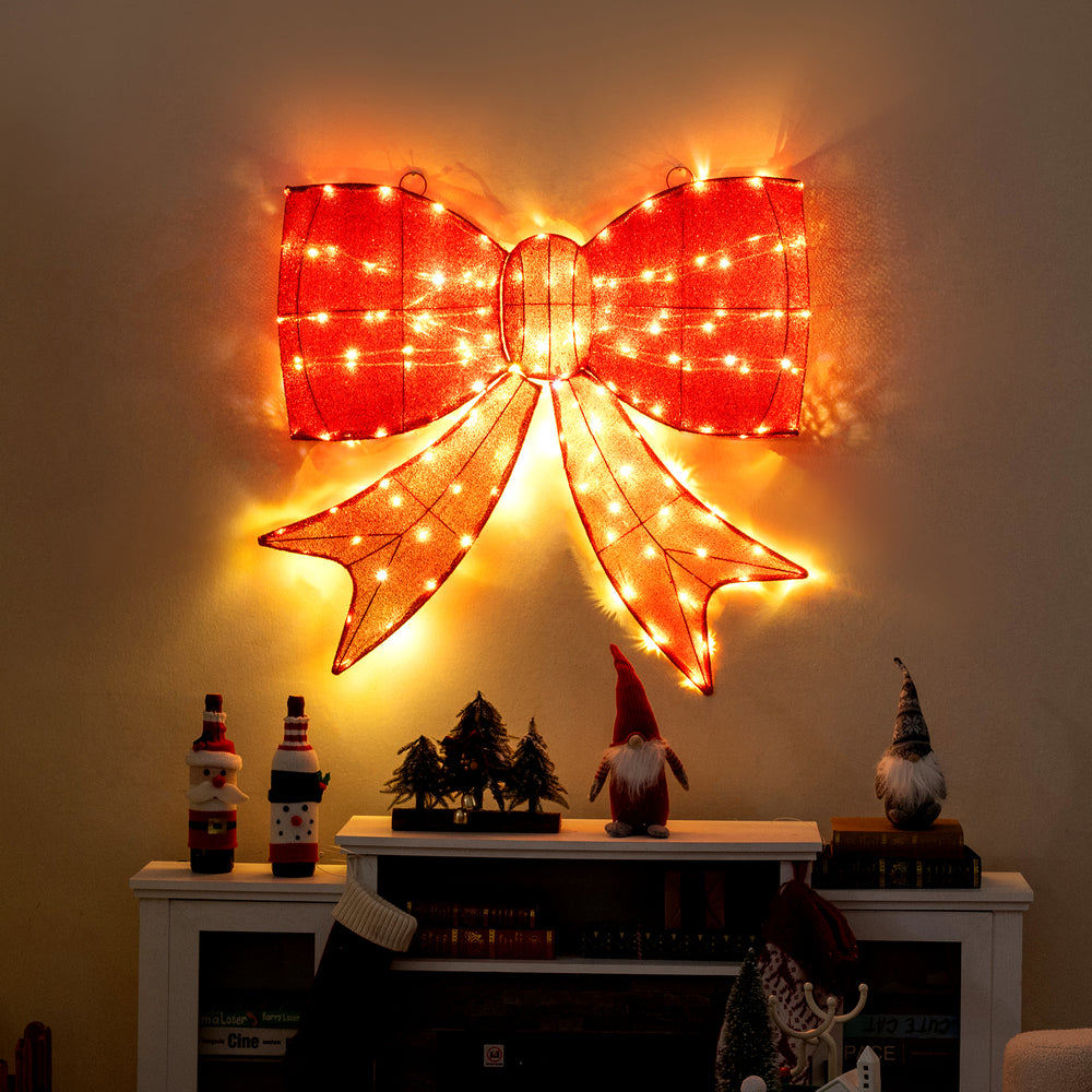 Extra-large 37" lighted Christmas bow decoration with 150 warm white LED lights, perfect for indoor or outdoor holiday.