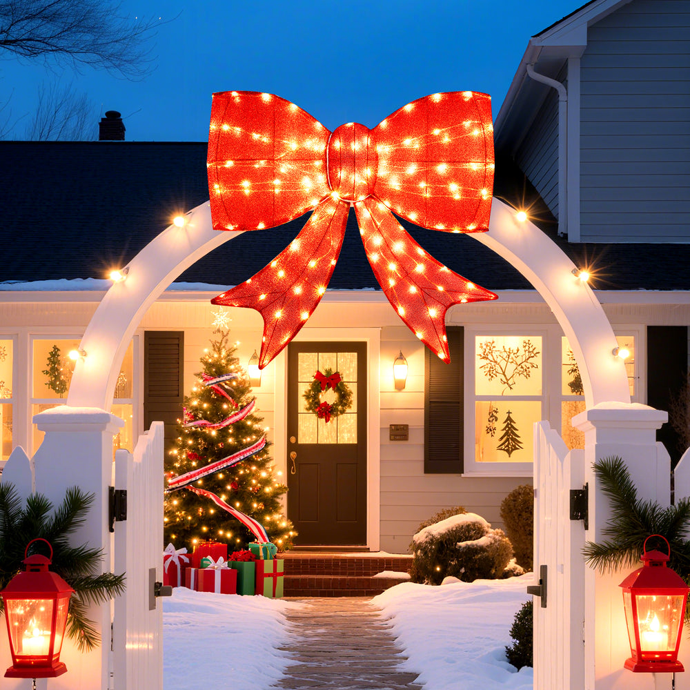 Large 37-inch lighted Christmas bow decoration with 150 warm white LED lights, perfect for outdoor holiday displays.