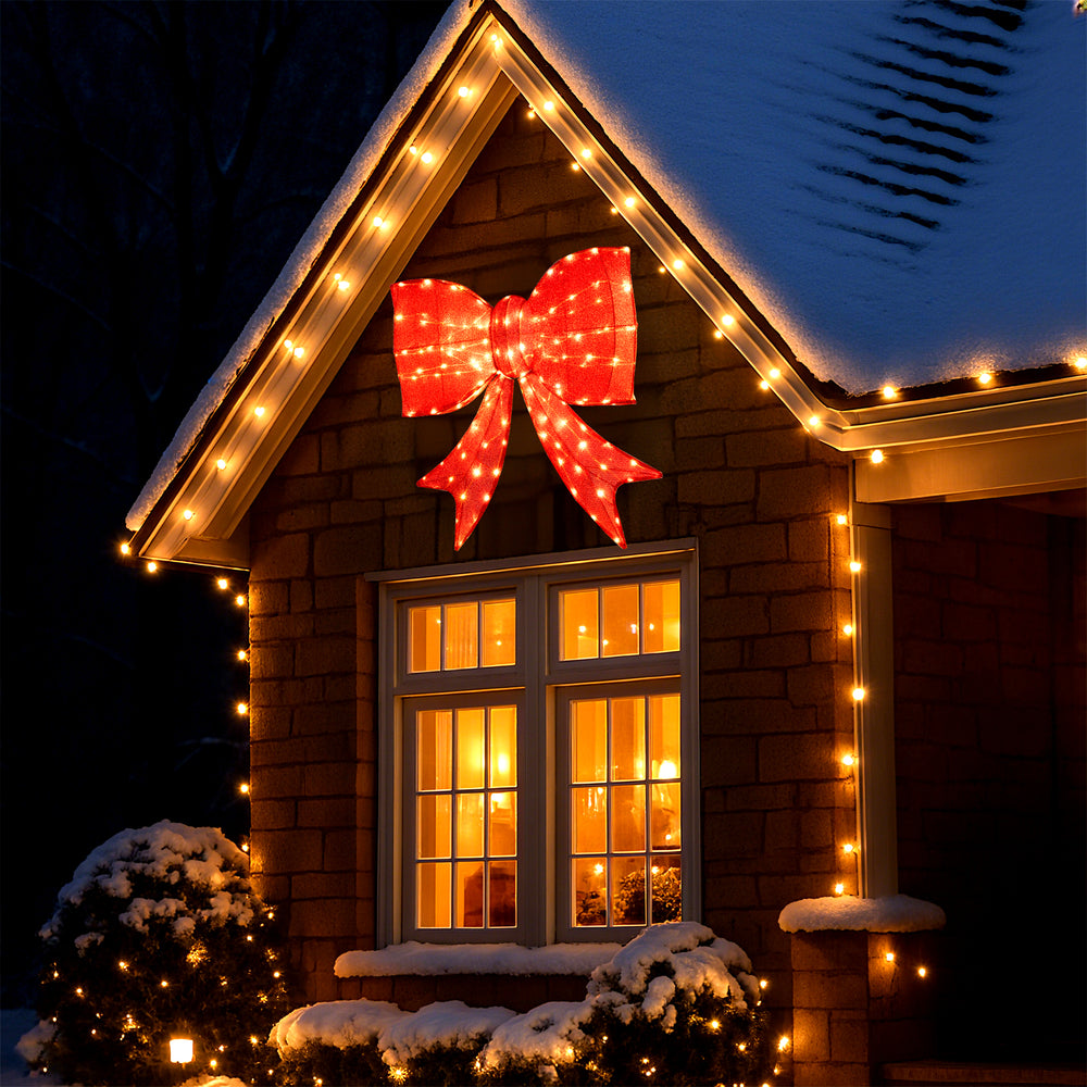 Large 37-inch lighted Christmas bow decoration with 150 warm white LEDs, perfect for outdoor holiday displays.