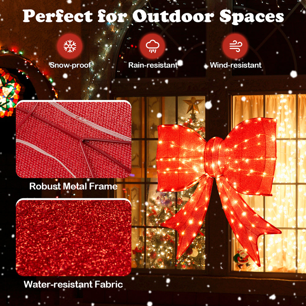 37-inch lighted Christmas bow decoration with 150 warm white LEDs, rain-resistant, perfect for outdoor holiday displays.