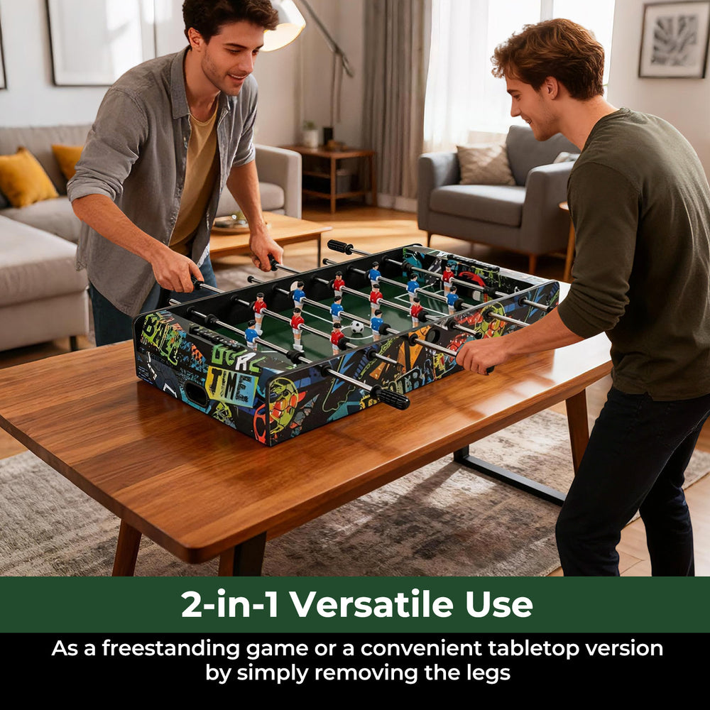 Mini foosball table with detachable legs, featuring vibrant graphics and sturdy MDF construction for tabletop or.