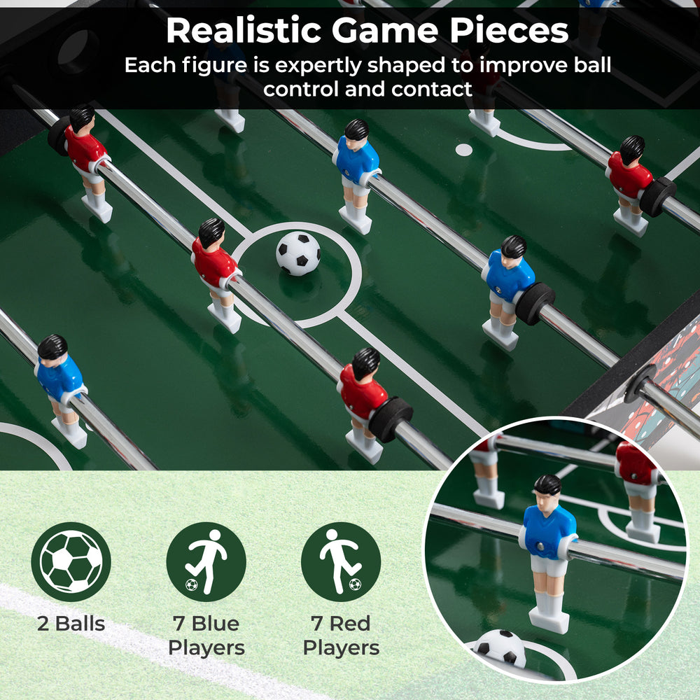 Mini foosball table with realistic game pieces, featuring 7 blue and 7 red players for tabletop soccer fun.