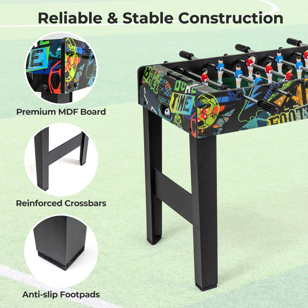 Mini foosball table with detachable legs, premium MDF board, reinforced crossbars, and anti-slip footpads for stability.