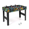 Mini foosball table with vibrant graphics, detachable legs, and durable MDF for tabletop or standalone play.