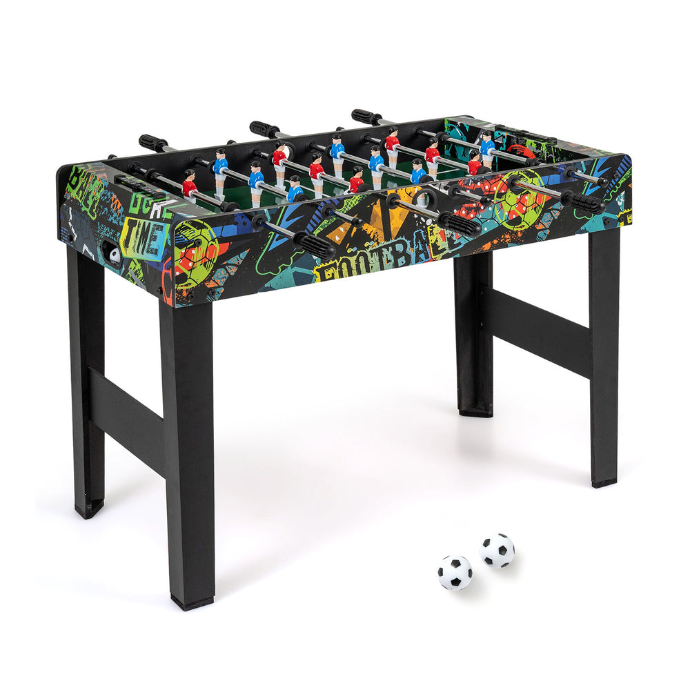 Mini foosball table with vibrant graphics, detachable legs, and durable MDF for tabletop or standalone play.