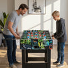 Mini foosball table with vibrant graphics, detachable legs, and smooth metal rods for tabletop or standalone play.