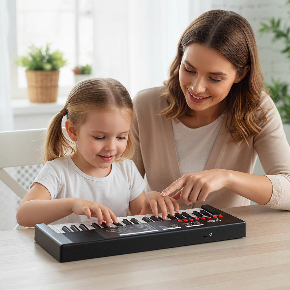 Kids playing on the 37 Keys Kids Piano Keyboard with microphone, featuring 8 rhythms and safe, lightweight design.