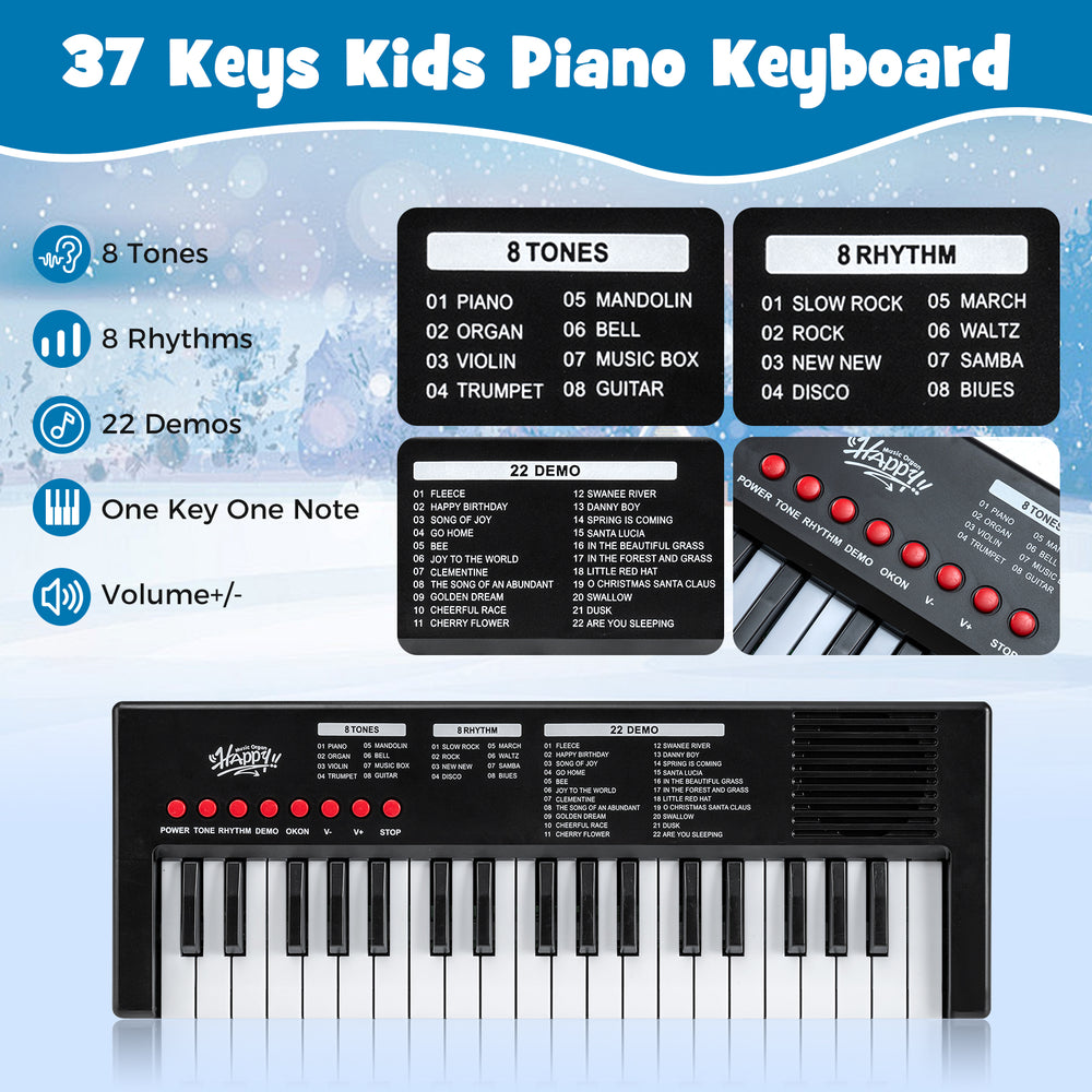 37 keys kids piano keyboard in black with 8 rhythms, microphone, and lightweight design for portable musical fun.