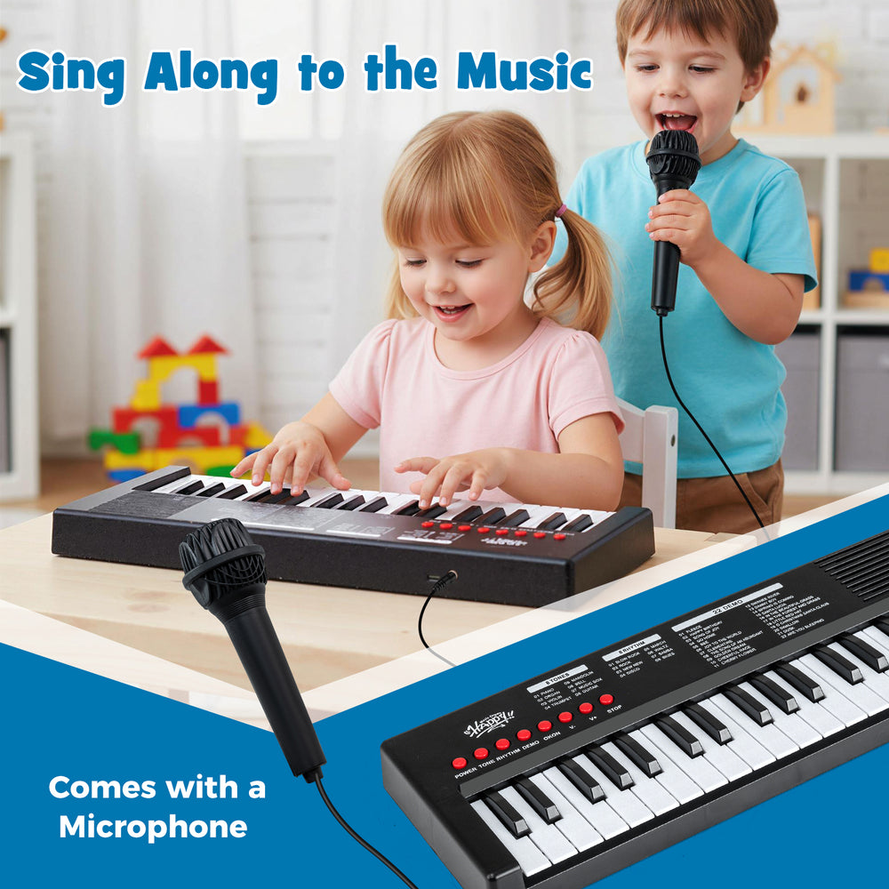 Kids playing the 37 Keys Piano Keyboard with microphone, featuring 8 rhythms and a portable design for musical fun.