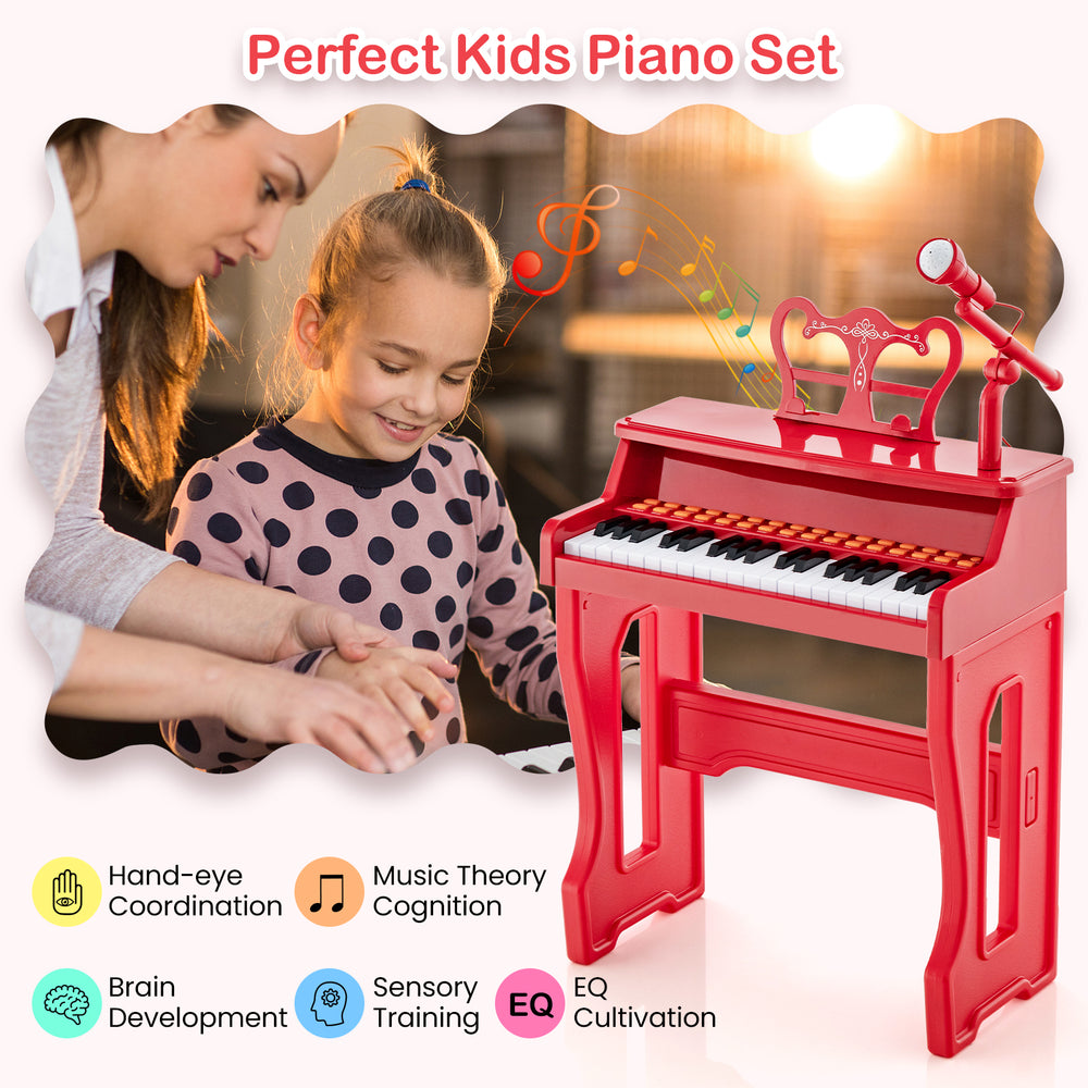 Red 37 keys kids piano set with microphone, detachable music stand, and sturdy stool for music theory and hand-eye.