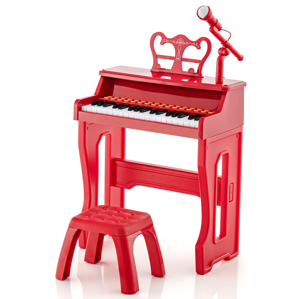 Red 37-key kids piano with microphone, detachable music stand, and sturdy stool for safe music play and learning.