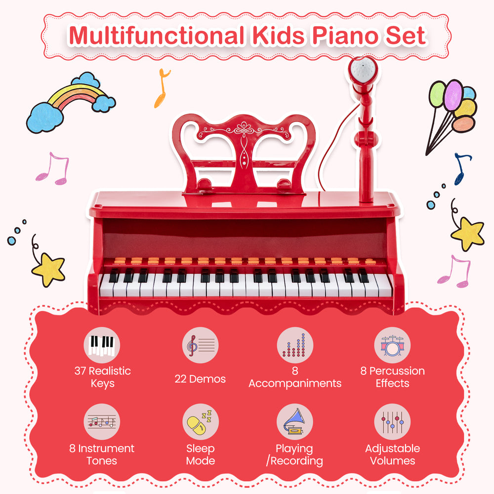 Red 37 keys kids piano with microphone, detachable music stand, 22 demos, and adjustable volumes for fun music play.