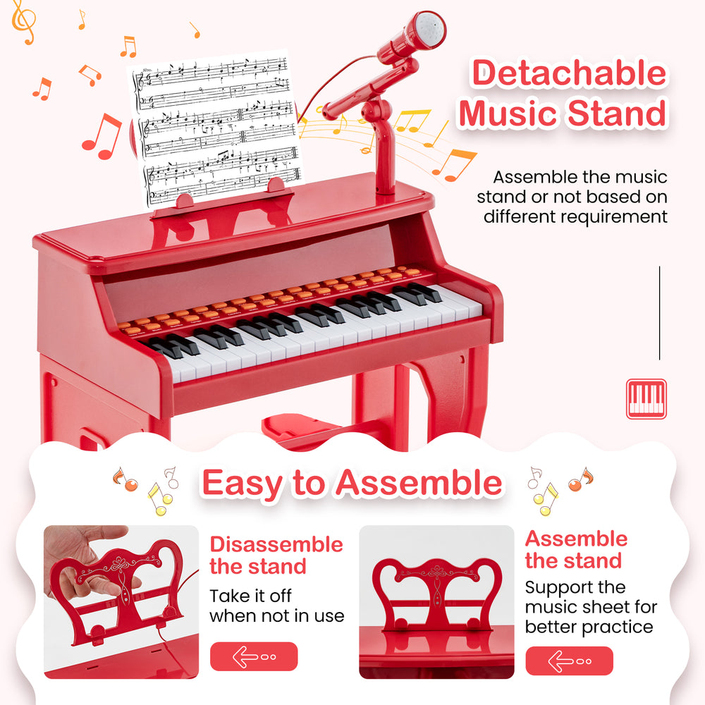 Red 37 keys kids piano with detachable music stand, microphone, demo songs, and sturdy stool for safe play.