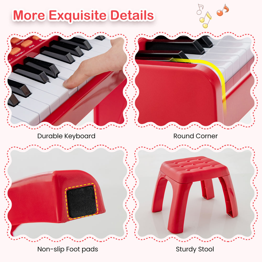 Close-up of the sturdy red stool with non-slip foot pads for the 37 Keys Music Piano, ensuring safe use for kids.