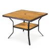 Square outdoor dining table for 4 with acacia wood tabletop, wicker-wrapped edges, and a 2" umbrella hole for shade.