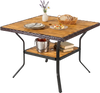 Square outdoor dining table for 4 with acacia wood top, wicker-wrapped edges, and a 2" umbrella hole for patio use.